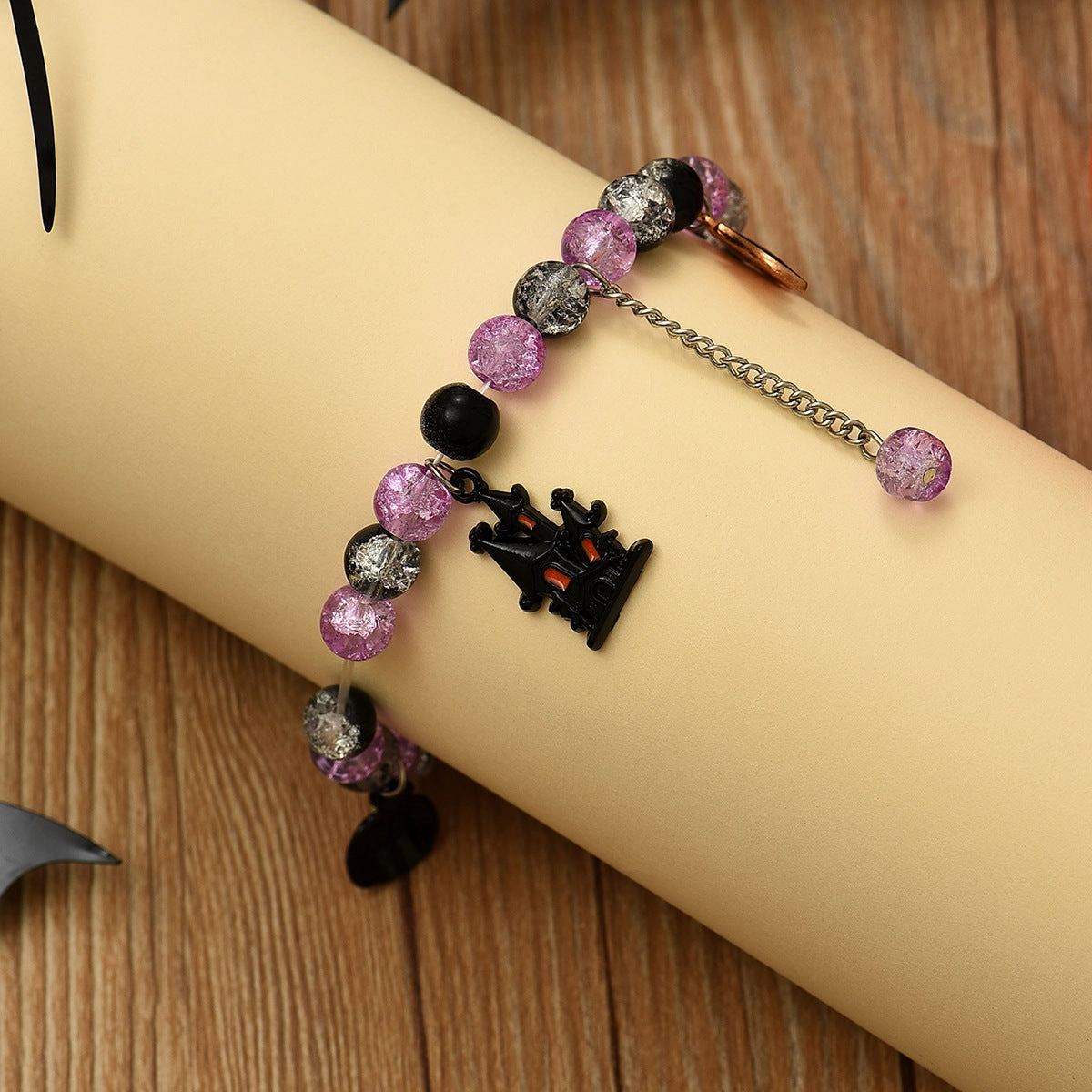 Wholesale Halloween pop flower wafer beads pumpkin castle bat tassel kids glass bracelet
