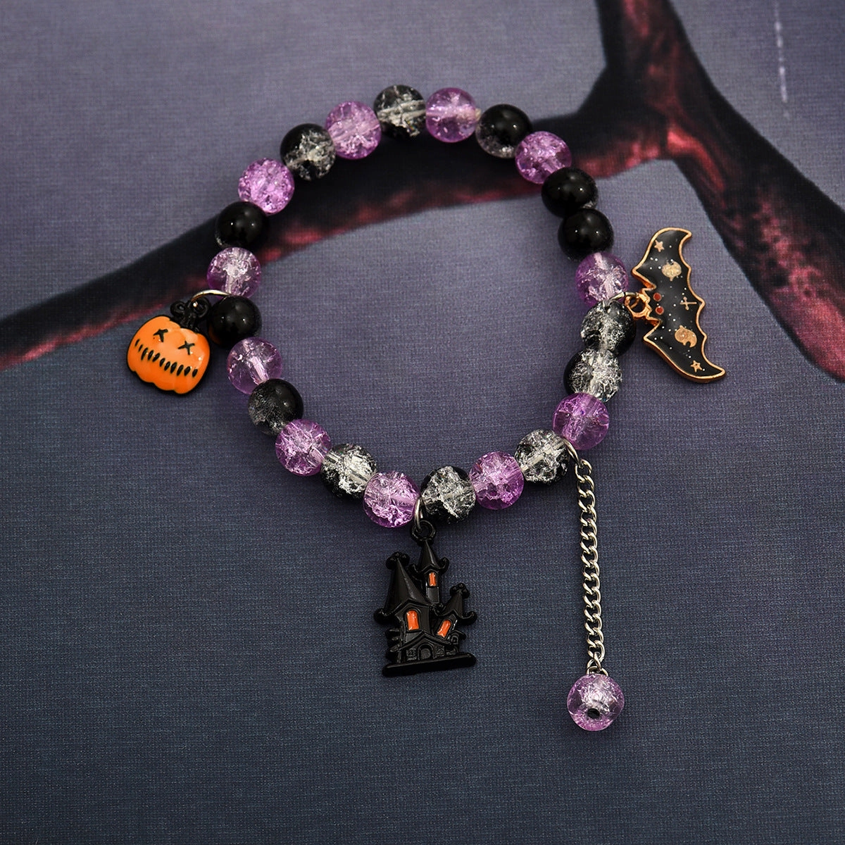 Wholesale Halloween pop flower wafer beads pumpkin castle bat tassel kids glass bracelet