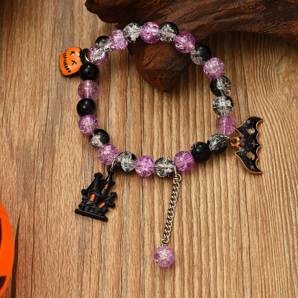 Wholesale Halloween pop flower wafer beads pumpkin castle bat tassel kids glass bracelet