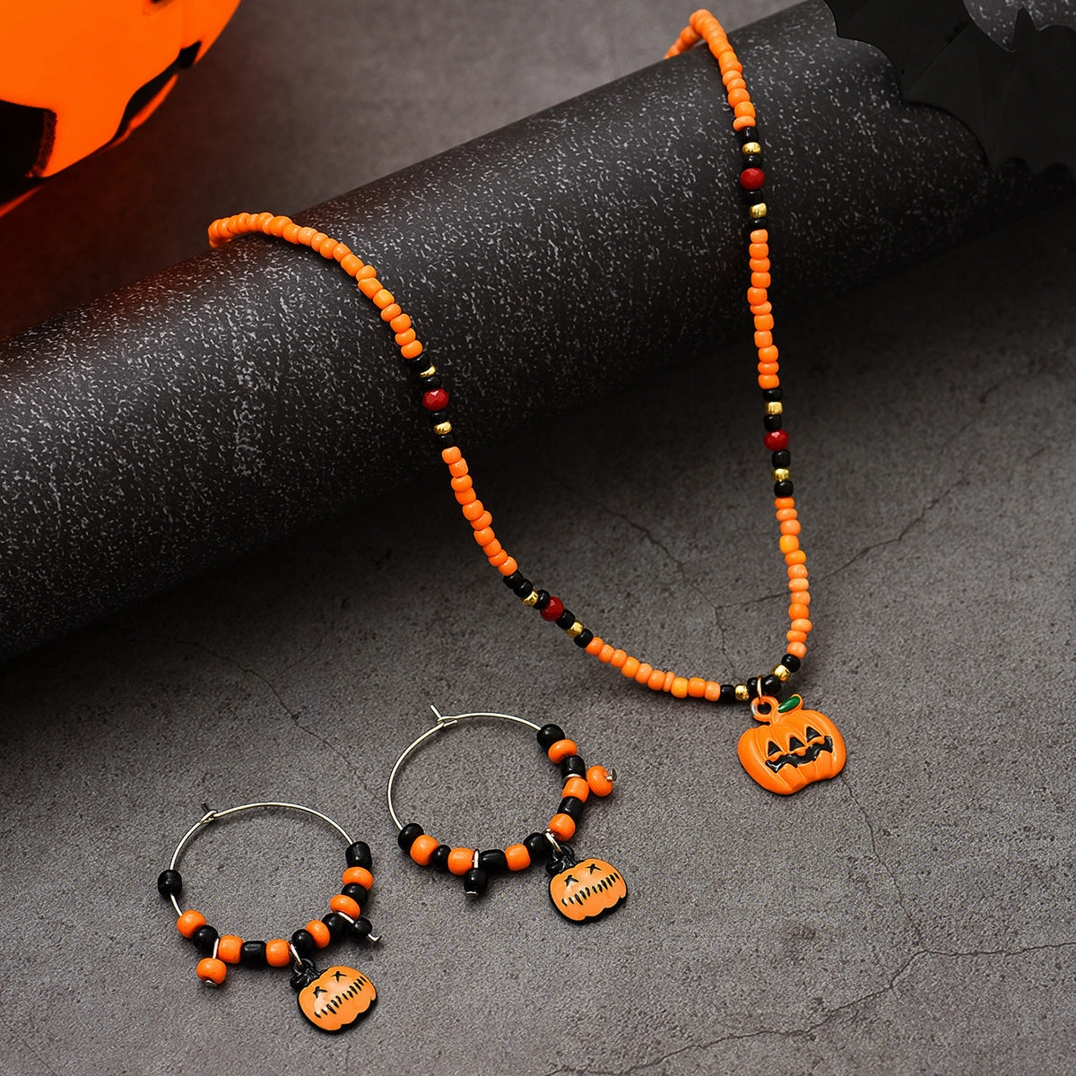 Wholesale Halloween Pumpkin Orange Rice Bead Earrings Necklace Set