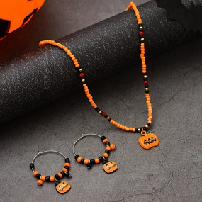 Wholesale Halloween Pumpkin Orange Rice Bead Earrings Necklace Set