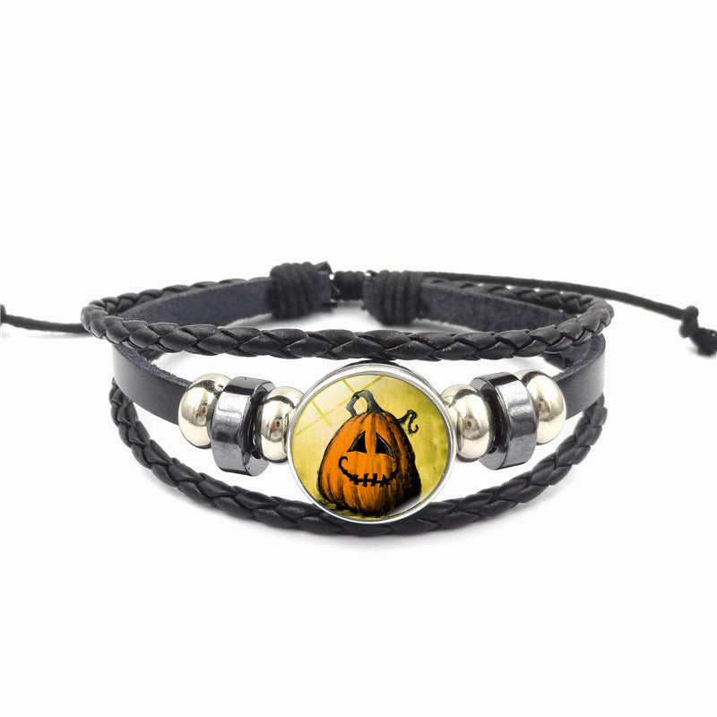 Wholesale Halloween Pumpkin Time Stone Leather Beaded Alloy Bracelet