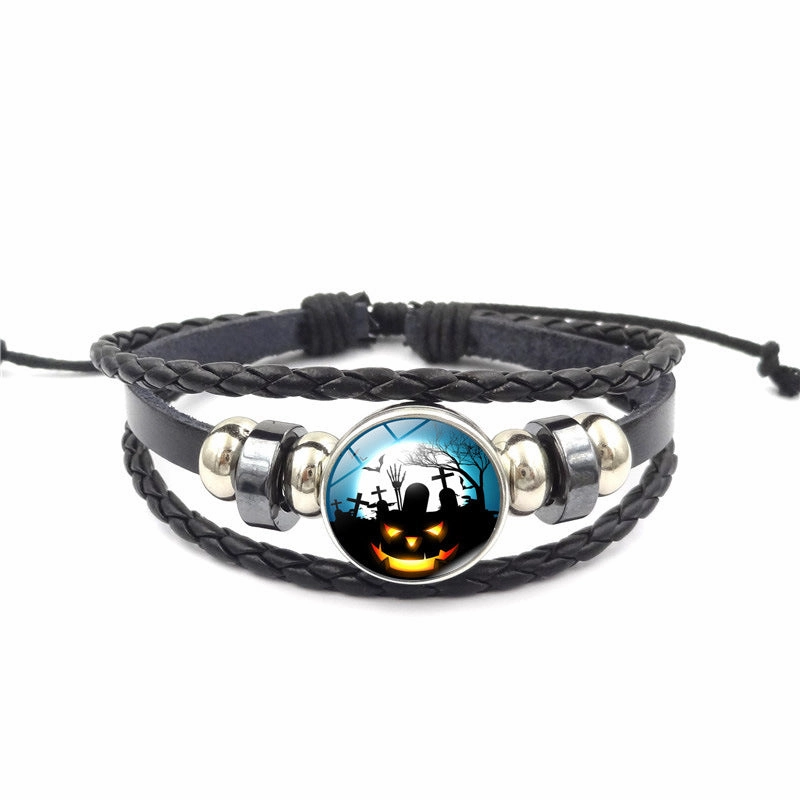 Wholesale Halloween Pumpkin Time Stone Leather Beaded Alloy Bracelet