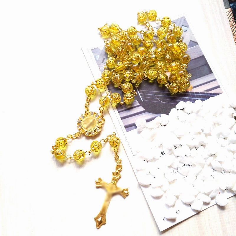 Wholesale Hand-strung Long Sweater Chain with Blue Gilt Rose Beads