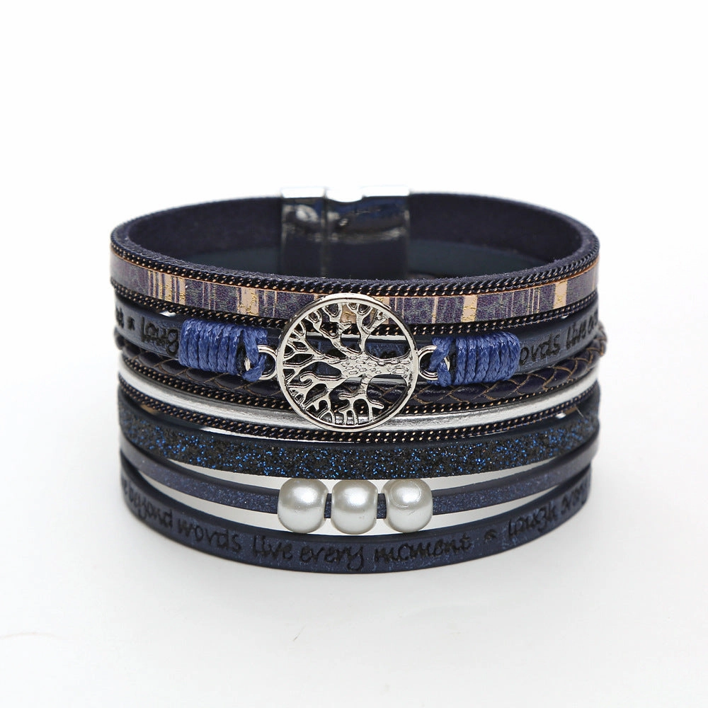 Wholesale Hand Woven Leather Hollow Tree of Life Multilayer Bracelet