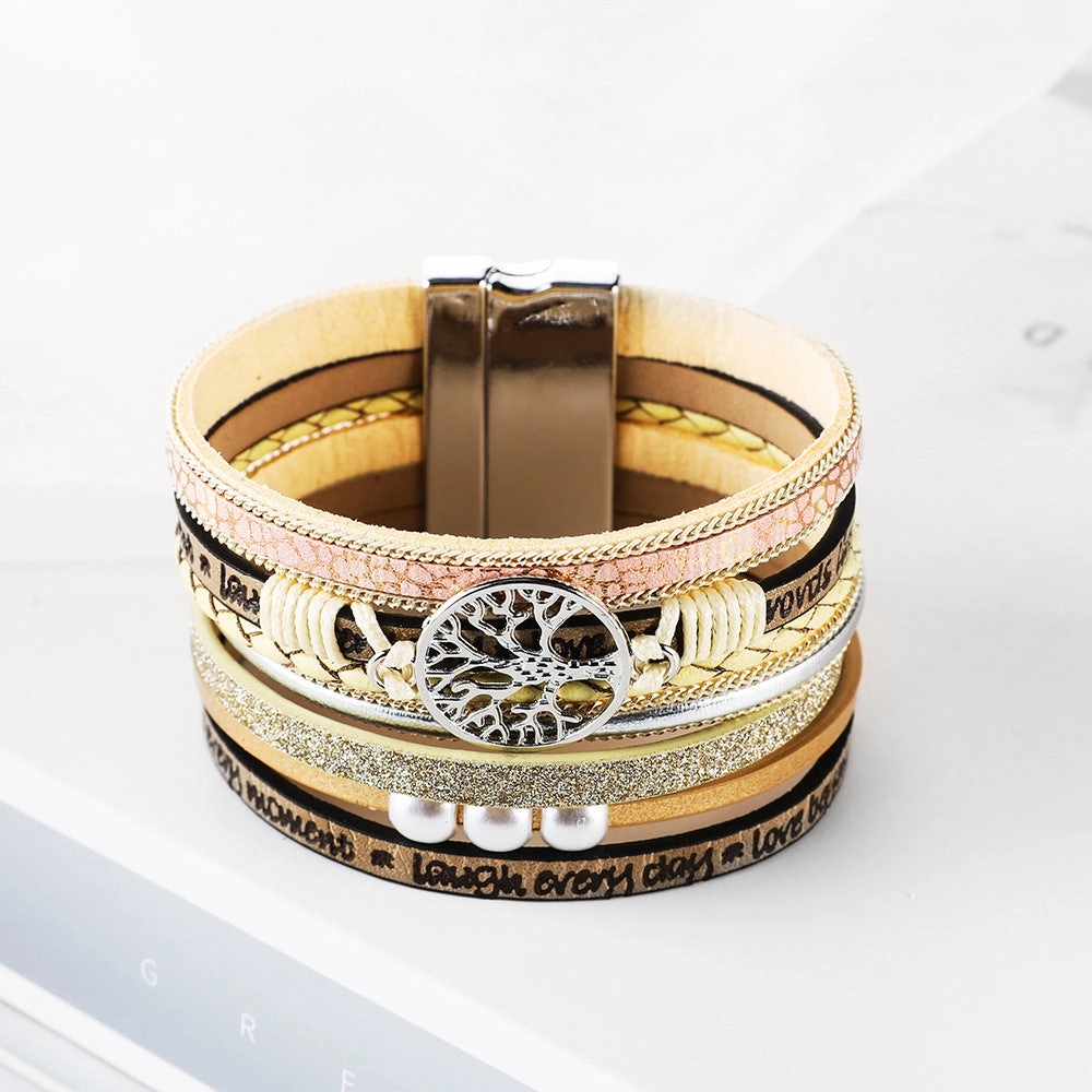 Wholesale Hand Woven Leather Hollow Tree of Life Multilayer Bracelet