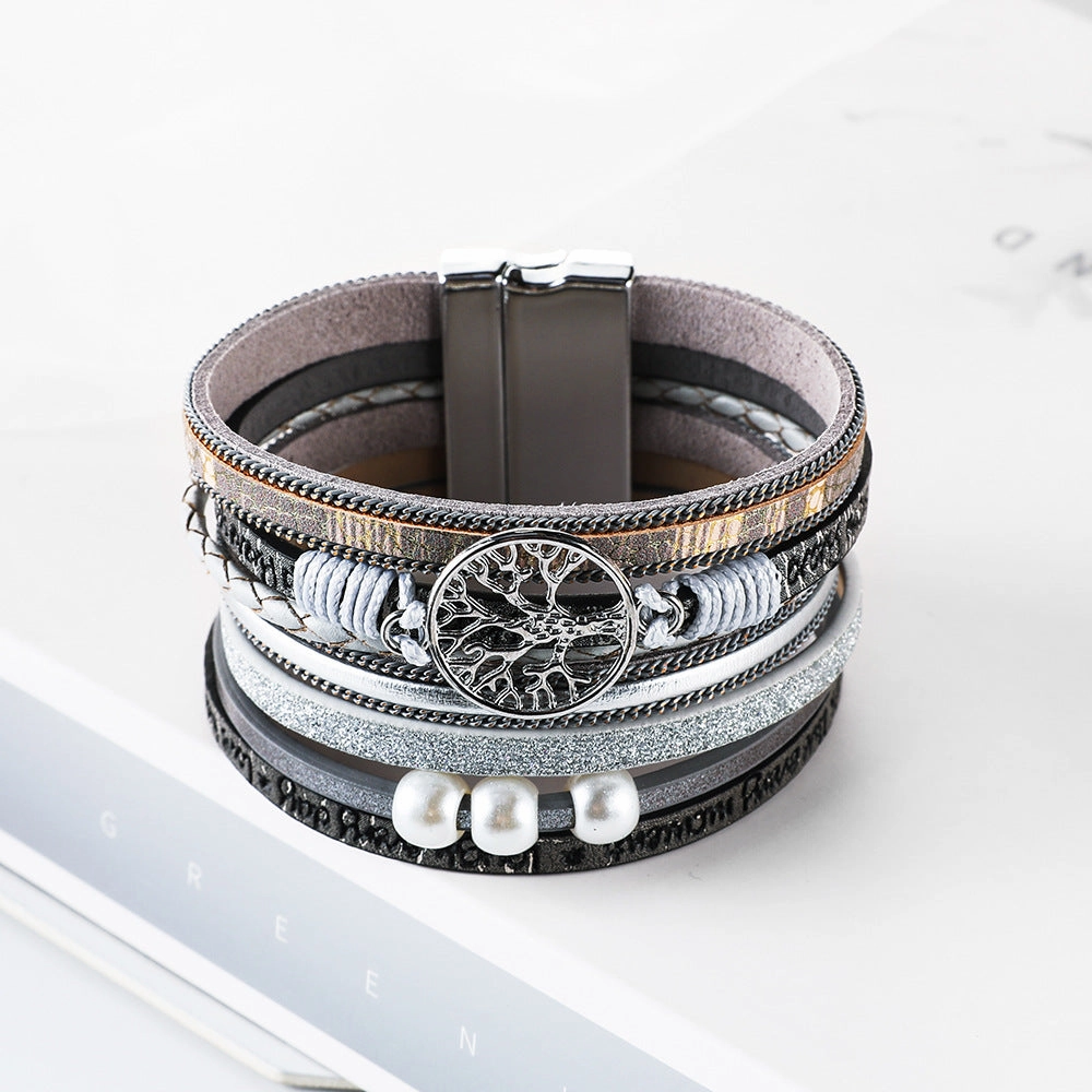 Wholesale Hand Woven Leather Hollow Tree of Life Multilayer Bracelet