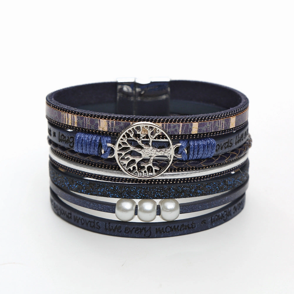 Wholesale Hand Woven Leather Hollow Tree of Life Multilayer Bracelet