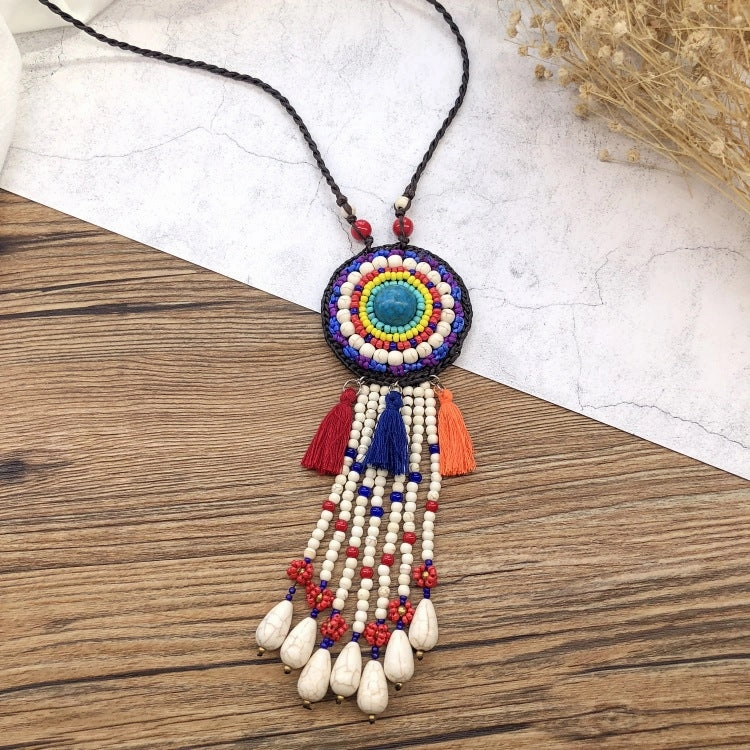 Wholesale Handmade Bohemian Vintage Natural Gravel Tassel Braided Necklace