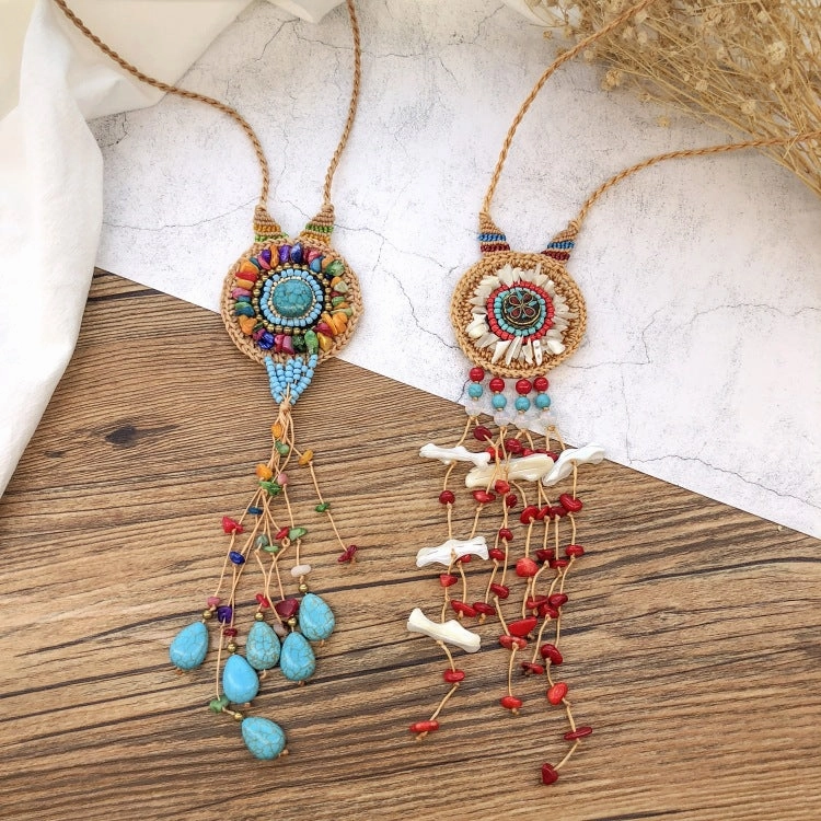 Wholesale Handmade Bohemian Vintage Natural Gravel Tassel Braided Necklace