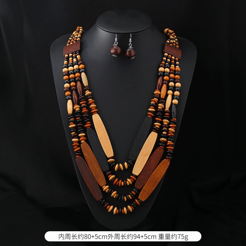 Wholesale Handmade Exaggerated Bohemian Wooden Bead Necklace
