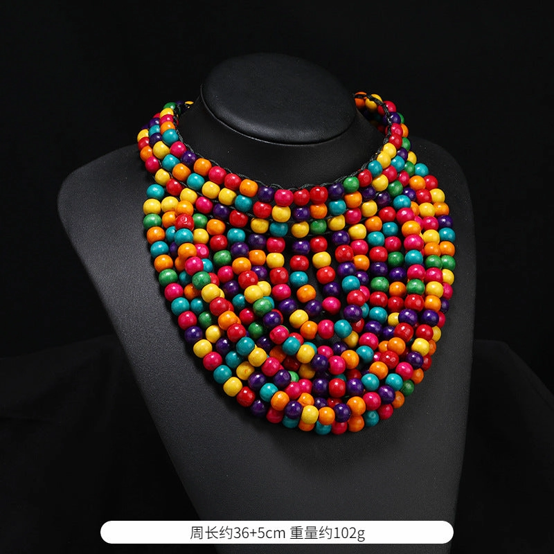 Wholesale Handmade Exaggerated Bohemian Wooden Bead Necklace