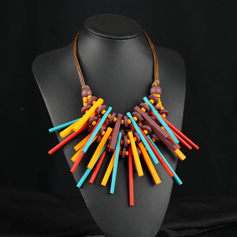 Wholesale Handmade Exaggerated Bohemian Wooden Bead Necklace
