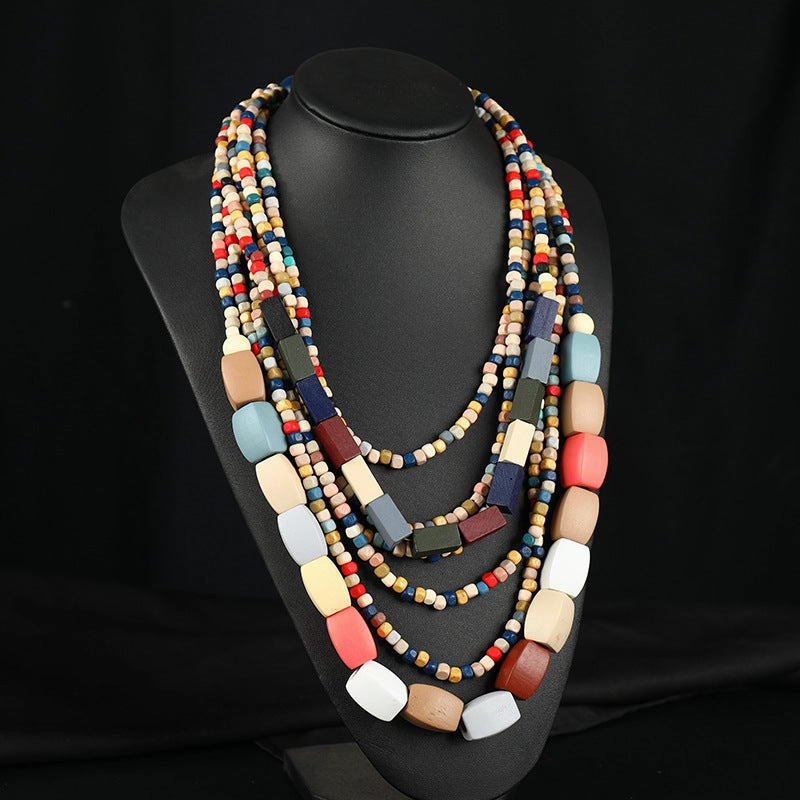 Wholesale Handmade Exaggerated Bohemian Wooden Bead Necklace