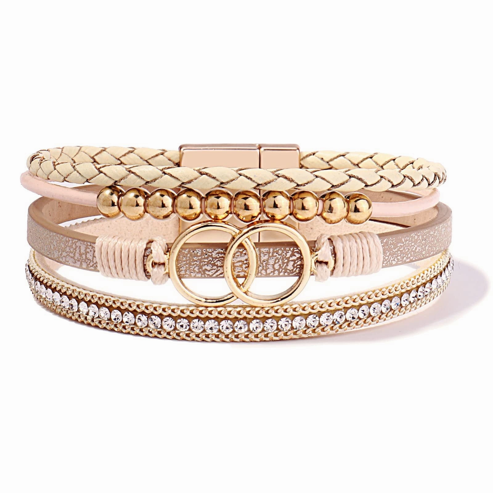 Wholesale Handmade Magnetic Clasp Diamond Encrusted Leather Bracelet