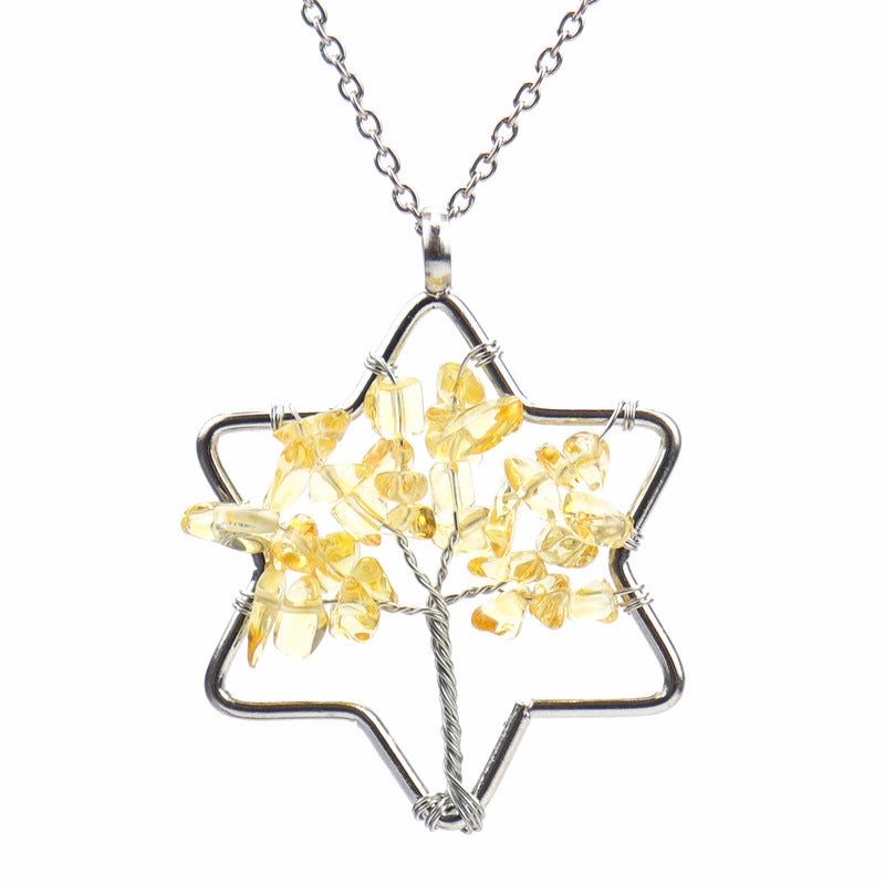 Wholesale Handmade Six-pointed Star Tree of Life Crushed Stone Crystal Necklace