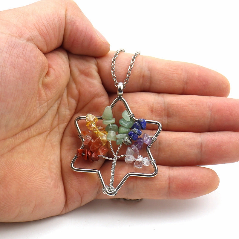 Wholesale Handmade Six-pointed Star Tree of Life Crushed Stone Crystal Necklace