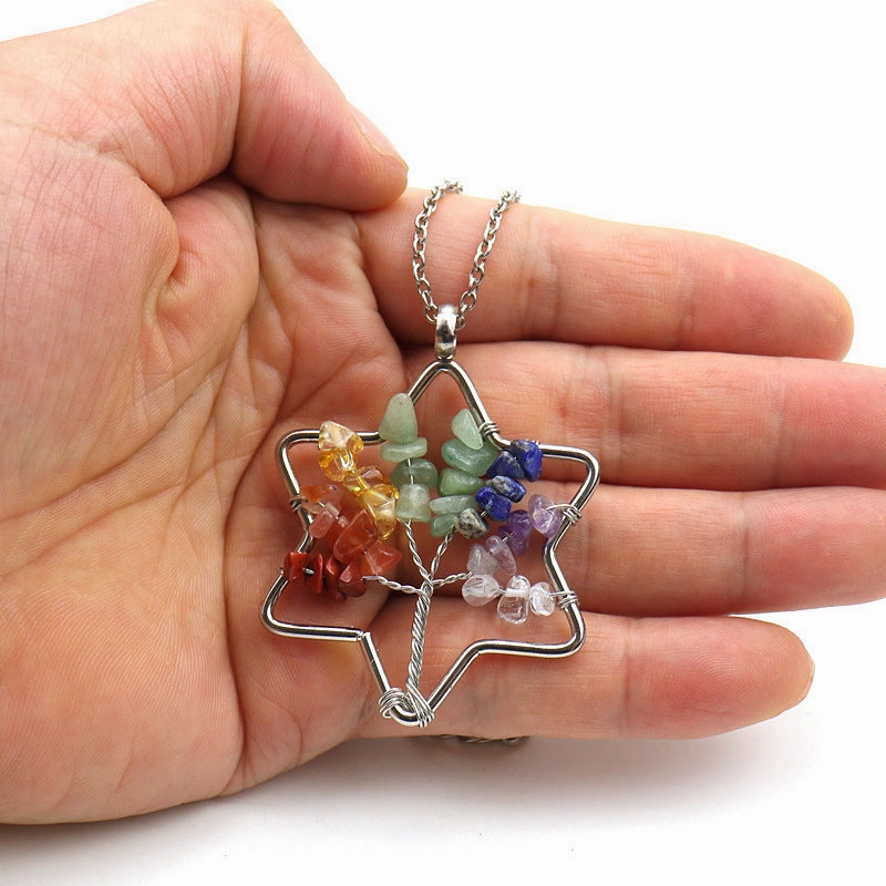 Wholesale Handmade Six-pointed Star Tree of Life Crushed Stone Crystal Necklace
