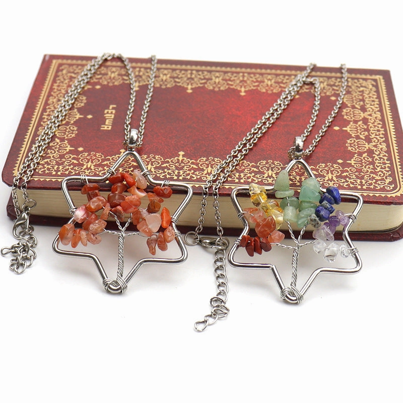 Wholesale Handmade Six-pointed Star Tree of Life Crushed Stone Crystal Necklace