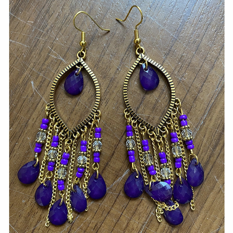 Wholesale Handmade Water Drop Rice Bead Bohemian Long Tassel Earrings