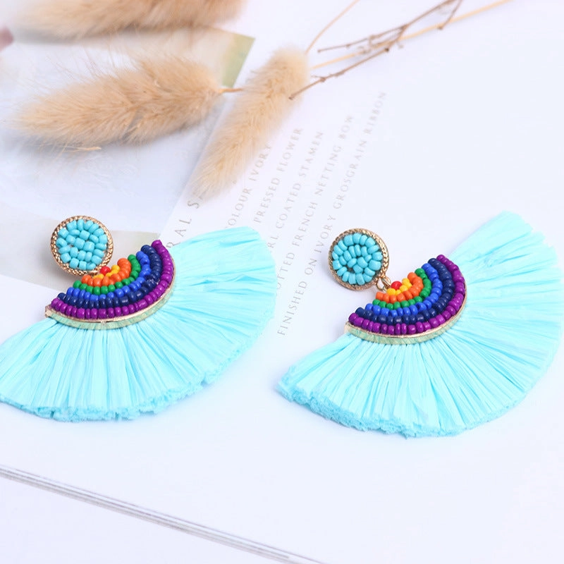 Wholesale Handwoven Color Block Rice Beads Exaggerated Raffia Earrings