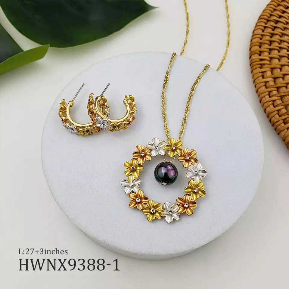 Wholesale Hawaiian Tricolor Wreath Pearl Copper Earrings Jewelry Set