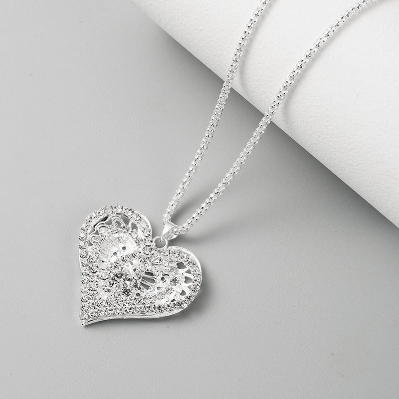 Wholesale Heart Shaped Hollow Sweater Chain Full Diamond Necklace