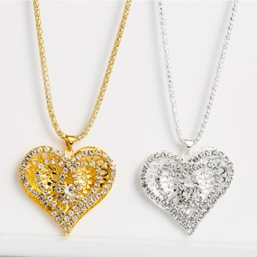 Wholesale Heart Shaped Hollow Sweater Chain Full Diamond Necklace