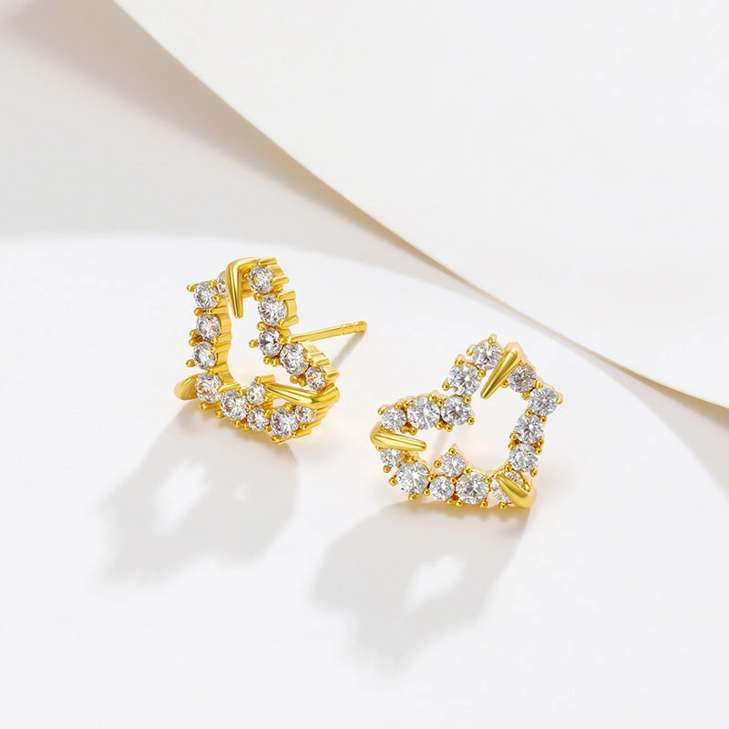 Wholesale Heart Shaped Zircon Copper Plated 24k Gold Earrings