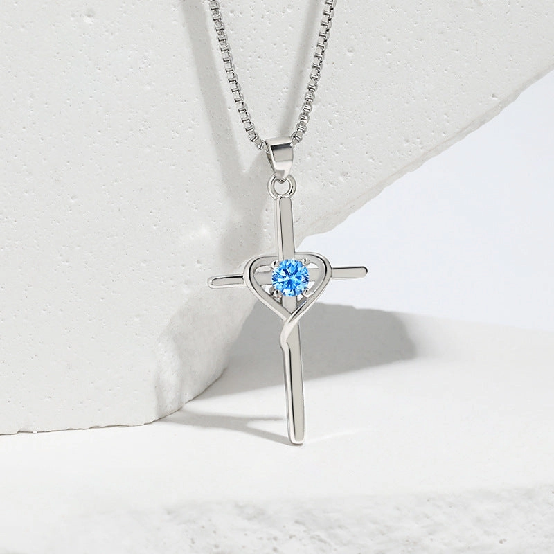 Wholesale Heart-shaped Zodiac Stone Clavicle Chain Vintage Cross Necklace