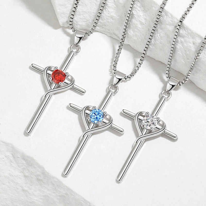 Wholesale Heart-shaped Zodiac Stone Clavicle Chain Vintage Cross Necklace