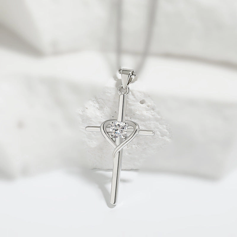 Wholesale Heart-shaped Zodiac Stone Clavicle Chain Vintage Cross Necklace