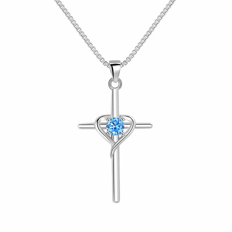 Wholesale Heart-shaped Zodiac Stone Clavicle Chain Vintage Cross Necklace