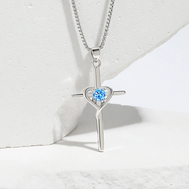 Wholesale Heart-shaped Zodiac Stone Clavicle Chain Vintage Cross Necklace