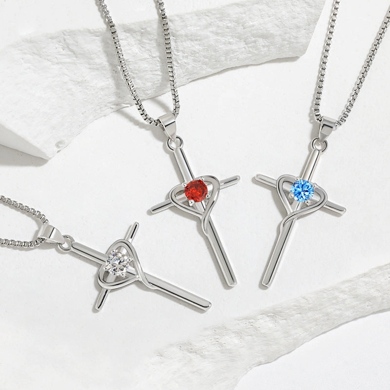 Wholesale Heart-shaped Zodiac Stone Clavicle Chain Vintage Cross Necklace