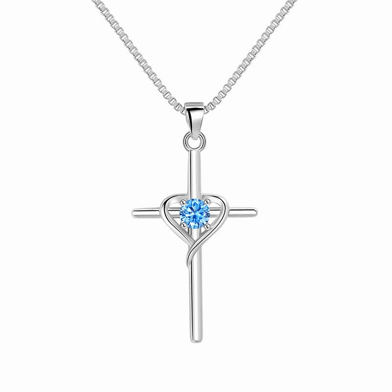 Wholesale Heart-shaped Zodiac Stone Clavicle Chain Vintage Cross Necklace
