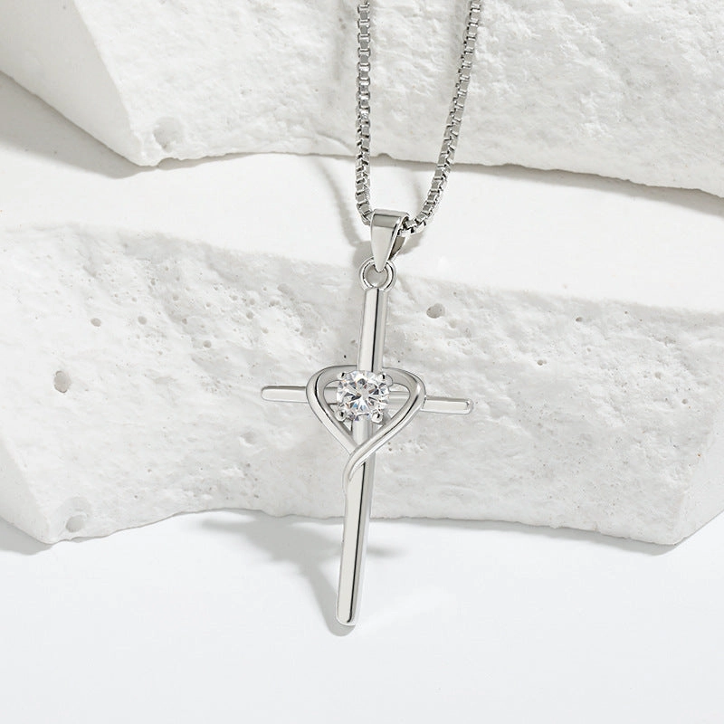 Wholesale Heart-shaped Zodiac Stone Clavicle Chain Vintage Cross Necklace