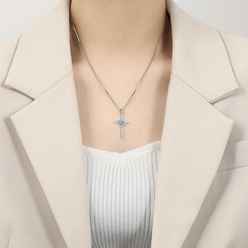 Wholesale Heart-shaped Zodiac Stone Clavicle Chain Vintage Cross Necklace