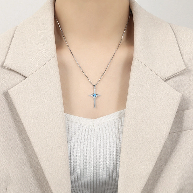 Wholesale Heart-shaped Zodiac Stone Clavicle Chain Vintage Cross Necklace