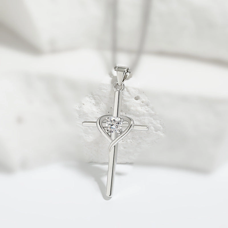 Wholesale Heart-shaped Zodiac Stone Clavicle Chain Vintage Cross Necklace