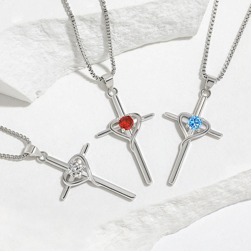 Wholesale Heart-shaped Zodiac Stone Clavicle Chain Vintage Cross Necklace