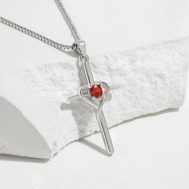Wholesale Heart-shaped Zodiac Stone Clavicle Chain Vintage Cross Necklace
