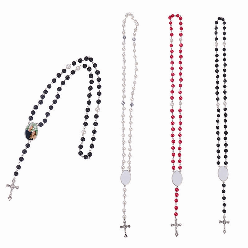 Wholesale Heat transfer rosary beads cross metal necklace