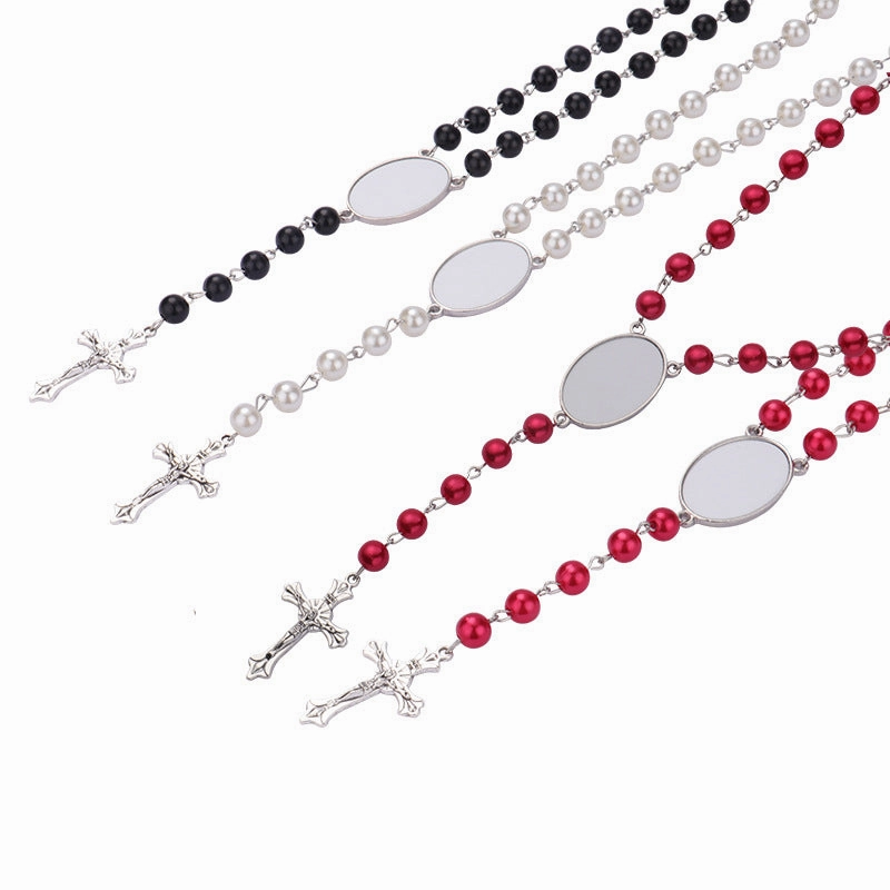 Wholesale Heat transfer rosary beads cross metal necklace