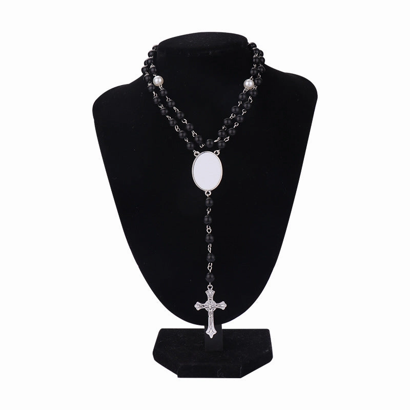 Wholesale Heat transfer rosary beads cross metal necklace