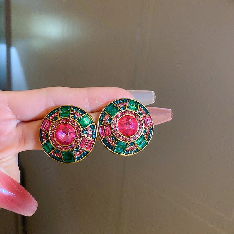 Wholesale Heavy Vintage Diamond Emerald Round Earrings Necklace Set