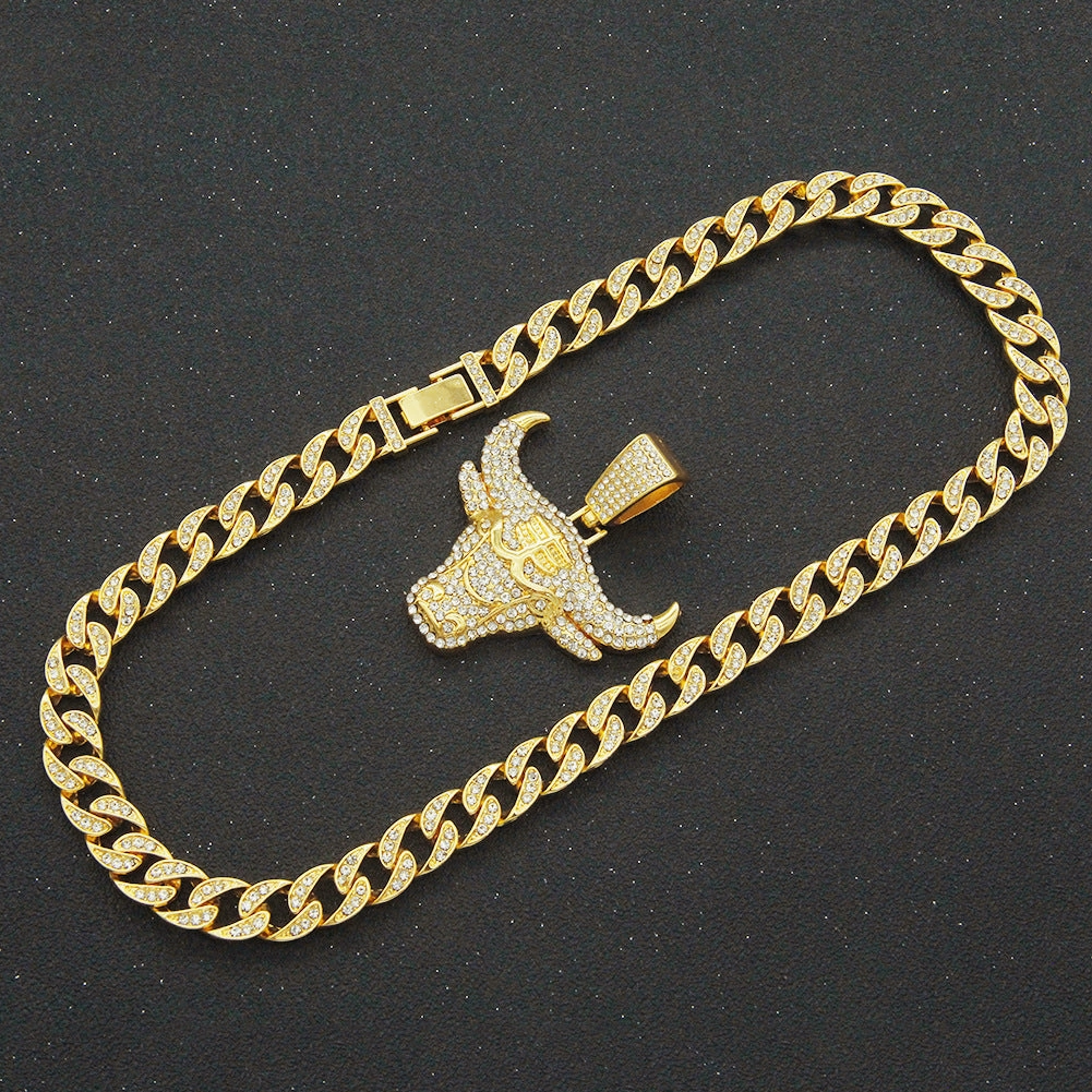 Wholesale Hip-Hop 3D Diamond Bull Head Necklace