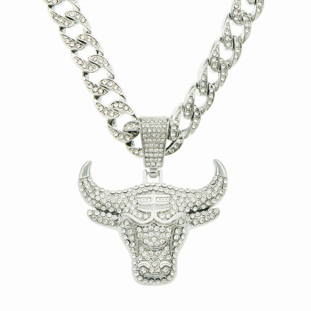 Wholesale Hip-Hop 3D Diamond Bull Head Necklace