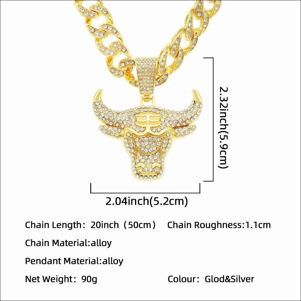 Wholesale Hip-Hop 3D Diamond Bull Head Necklace