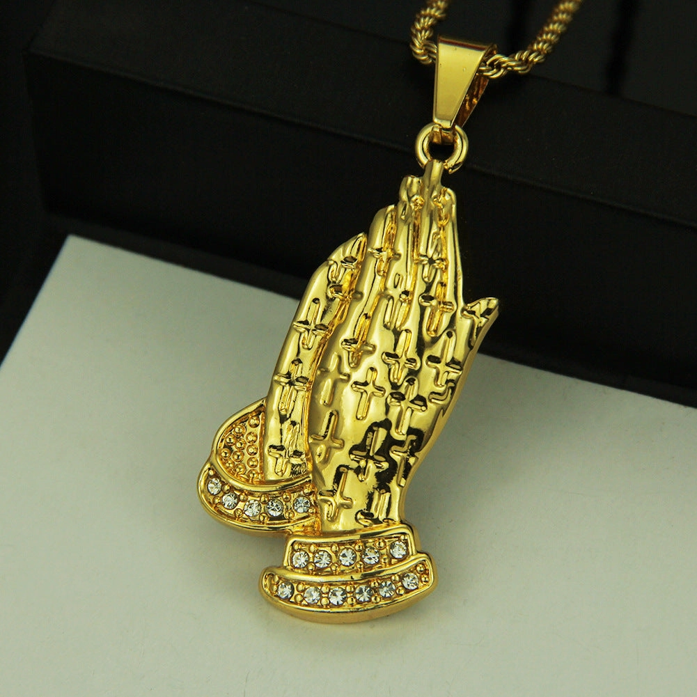 Wholesale Hip Hop Domineering Punk Buddha Hand Diamond Pendant Men's Alloy Necklace